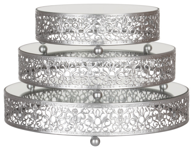 3-Piece Round Mirror-Top Decorative Tray Dessert Stand Set, Silver