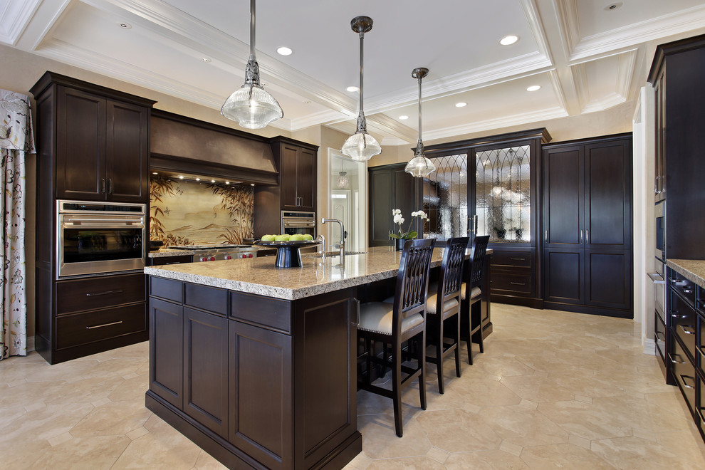 Eat-in kitchen - large transitional porcelain tile eat-in kitchen idea in Dallas with an undermount sink, recessed-panel cabinets, dark wood cabinets, granite countertops, stainless steel appliances and an island