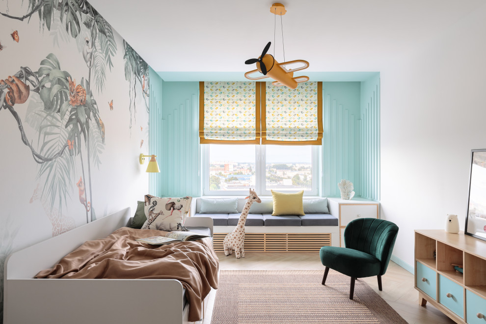 This is an example of a medium sized contemporary children’s room in Saint Petersburg with white walls, medium hardwood flooring, brown floors and a feature wall.