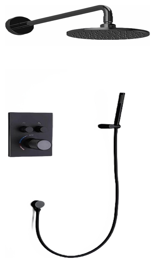 Matte Black Wall Round Shower System With Thermostatic Mixer, Handheld