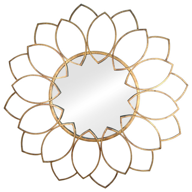 Virasoro Distressed Gold Petal Round Wall Mirror Contemporary Virasoro Distressed Gold Petal Round Wall Mirror