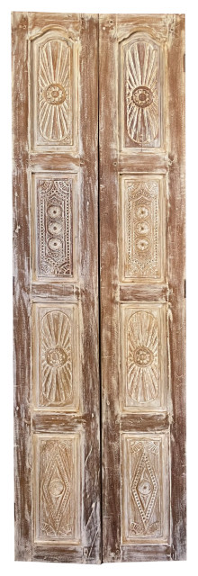Consigned Pair of Carved Doors, Whitewash Barn Door, Carved Interior Door