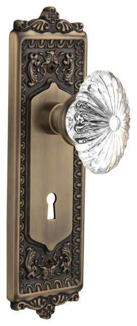Egg & Dart Plate Privacy Oval Fluted Crystal Glass Knob, Antique Brass