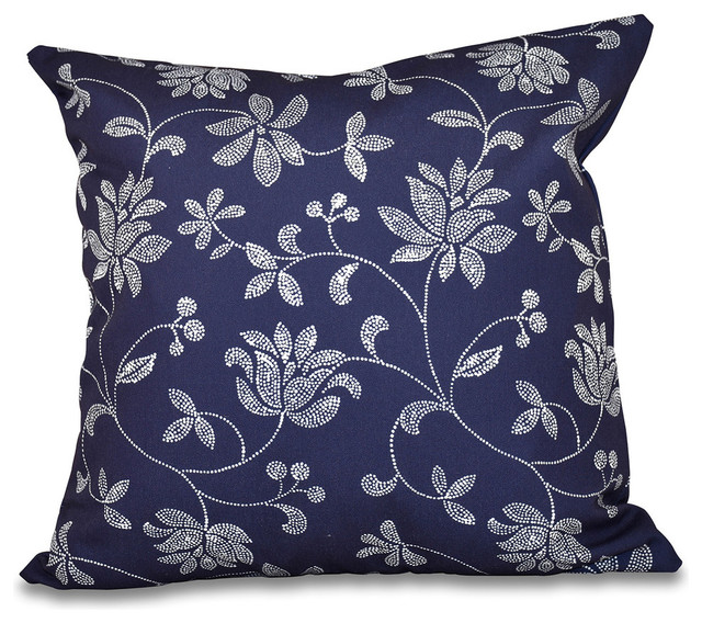 Traditional Floral, Floral Print Pillow, Navy Blue, 18"x18"