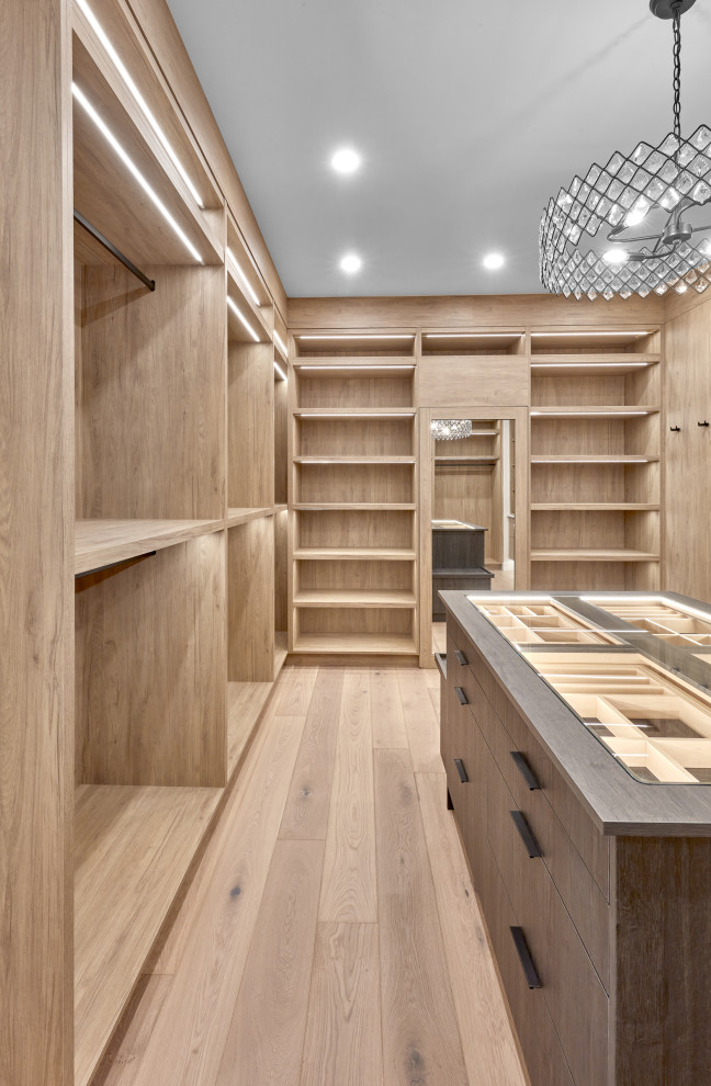 Idee per una grande cabina armadio unisex minimalista con ante lisce, parquet chiaro e pavimento marrone