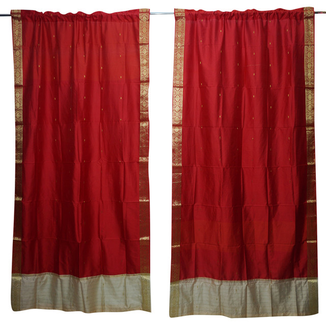 2 Red Sheer Sari Panel Rod Pocket Curtains Door Drapes 84x44