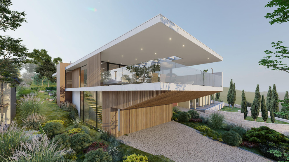 Inspiration för mellanstora moderna hus, med två våningar och platt tak