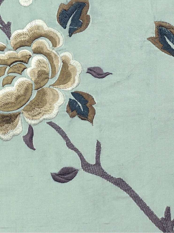 Blue Custom Made Embroidered Dupioni Silk Curtains