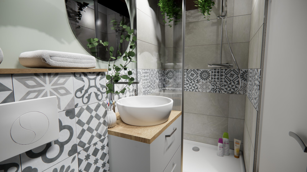 Small cottage master gray tile and cement tile light wood floor, beige floor and single-sink bathroom photo in Dijon with a wall-mount toilet, green walls, a drop-in sink, tile countertops and gray countertops
