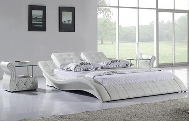 Contemporary White Leather Platform Bed | Available in Queen and King
