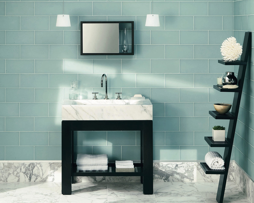 Inspiration for a mid-sized modern 3/4 blue tile marble floor bathroom remodel in Philadelphia with an integrated sink, marble countertops, open cabinets and black cabinets