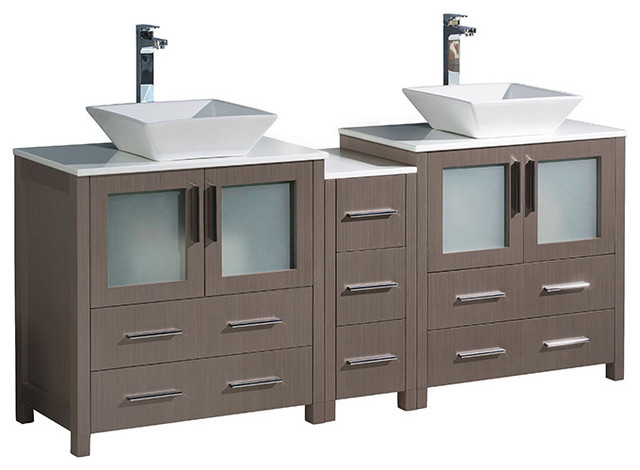 Torino 72 Modern Bathroom Cabinet With Top And Vessel Sink Base Gray Oak