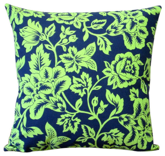 18" Indoor/Outdoor Flower Show Royal/Lime Polyester Throw Pillows, Set Of 2, Pil