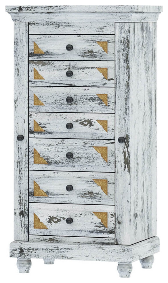 Tudor Brass Inlay And Distressed Solid Mango Wood Jewelry Armoire