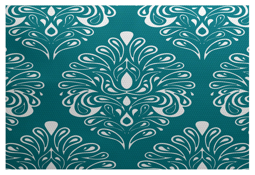 Teal Veranda, Geometric Print Indoor Rug/Decorative Washable Floor Mat, 3'x5'