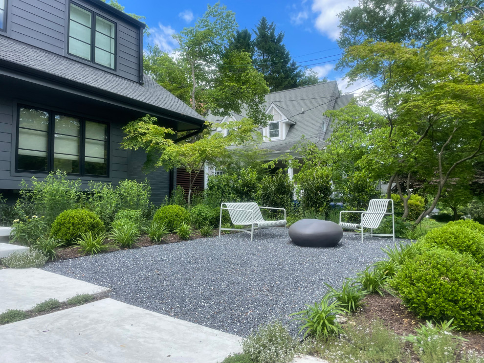 A front gravel patio