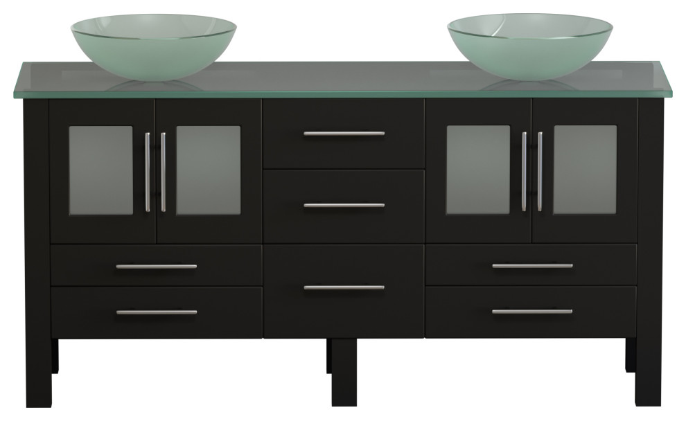 63" Espresso Tempered Glass Top and Sinks Contemporary Bathroom Vanities And Sink