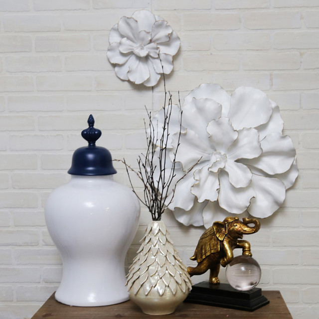 Flower Wall Plaque, White/Gold Contemporary Wall Accents by