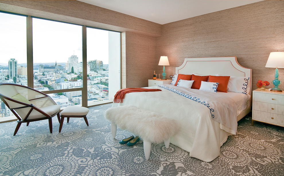 Design ideas for a contemporary bedroom in San Francisco with beige walls, carpet and multi-coloured floor.