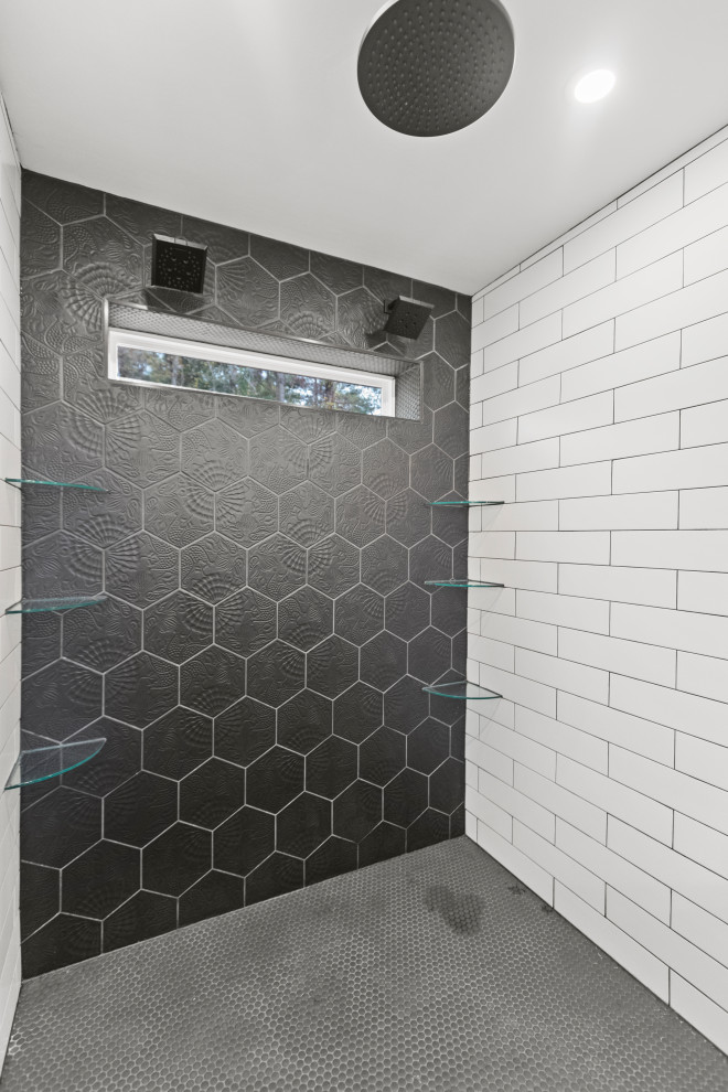 Large country master gray tile and metal tile mosaic tile floor, blue floor and single-sink bathroom photo in DC Metro with recessed-panel cabinets, brown cabinets, a one-piece toilet, beige walls, a trough sink, quartz countertops, brown countertops and a freestanding vanity