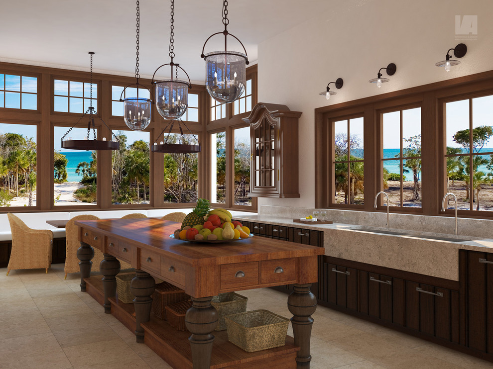 Идея дизайна: большая кухня-гостиная в морском стиле с полом из известняка, бежевым полом и балками на потолке