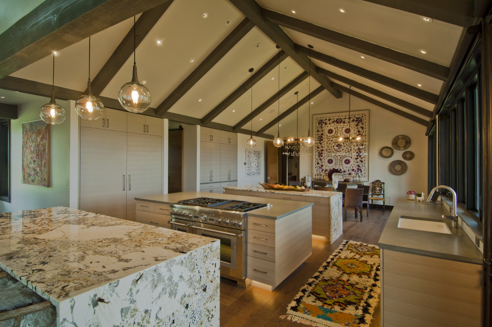 Photo of a large contemporary kitchen in Other with a submerged sink, flat-panel cabinets, beige cabinets, integrated appliances, medium hardwood flooring, multiple islands, brown floors and exposed beams.