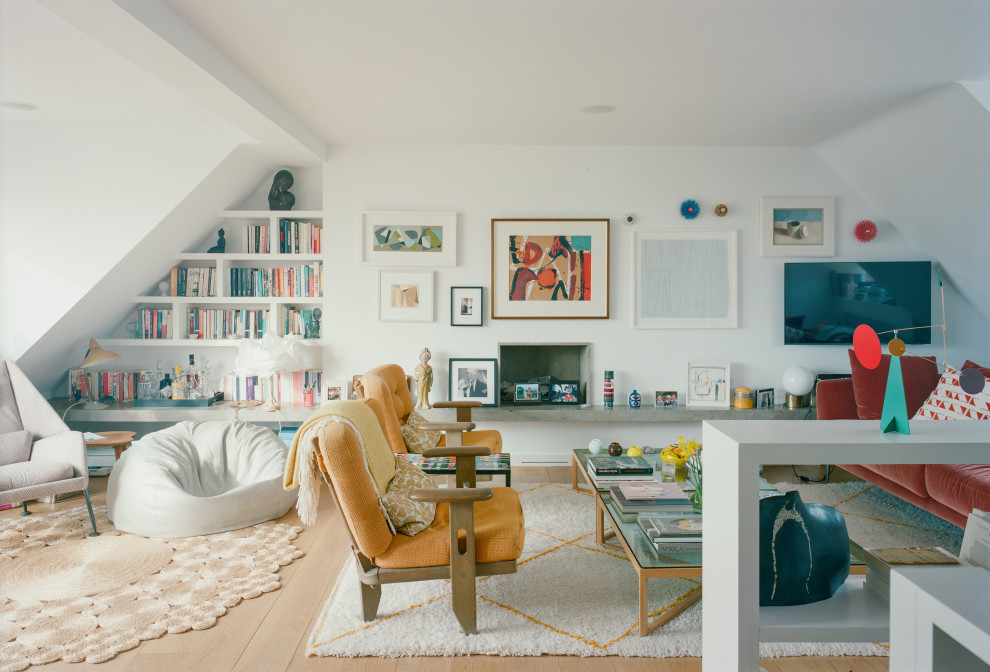 Photo of a medium sized contemporary grey and cream open plan living room feature wall in London with white walls, light hardwood flooring, a hanging fireplace, a stone fireplace surround, a wall mounted tv, beige floors, a drop ceiling and a feature wall.