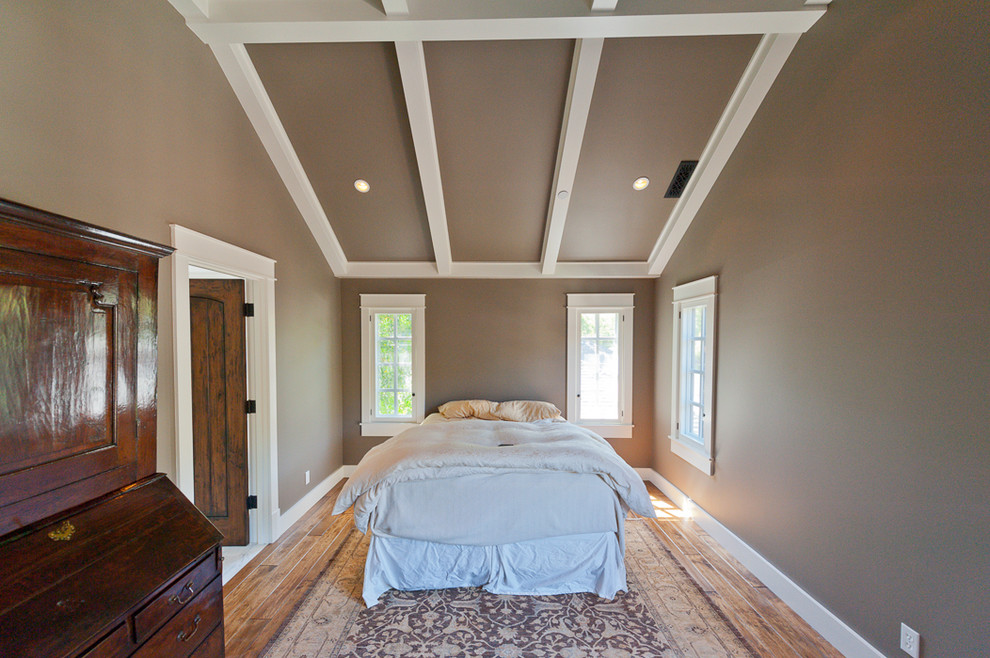 Inspiration for a mid-sized traditional master bedroom in San Francisco with grey walls, dark hardwood floors, no fireplace and brown floor.