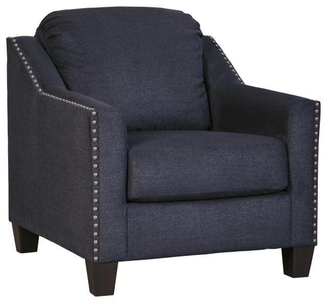 Fabric Upholstered Chair With Sloped Armrest And Nailhead Trim, Blue