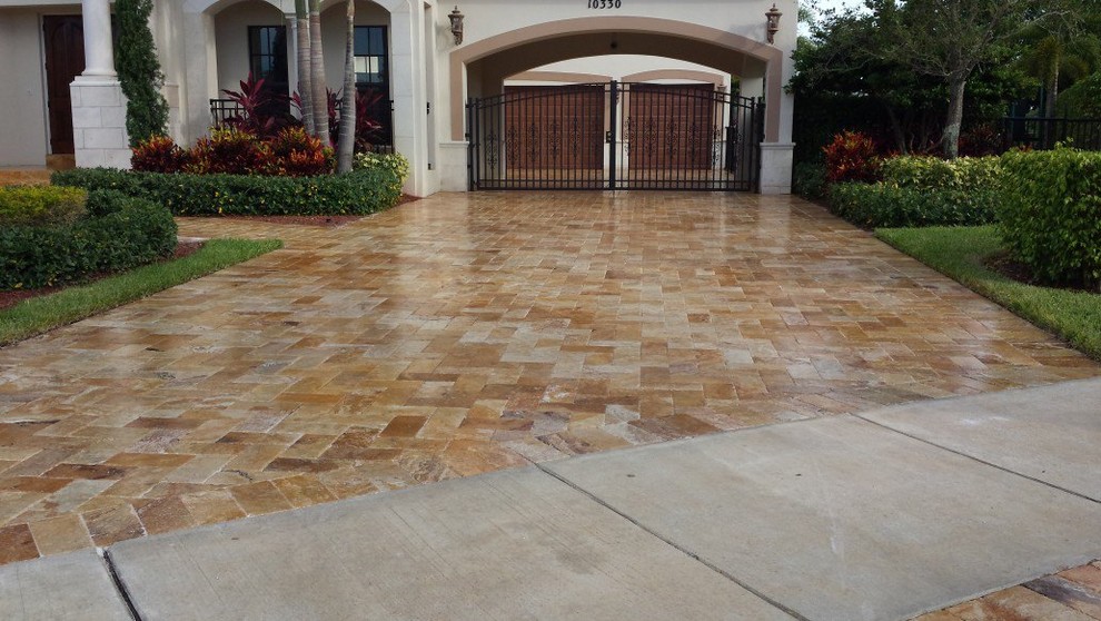 Travertine Driveway Sealed with Cobble Loc Mediterranean Landscape