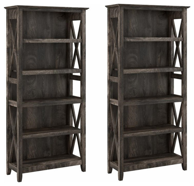 Bowery Hill 5 Shelves Wood Bookcase Set in Dark Gray Hickory