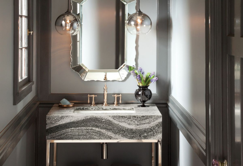 Small eclectic powder room in Dallas with open cabinets, grey cabinets, grey walls, an undermount sink, engineered quartz benchtops, grey benchtops and a freestanding vanity.