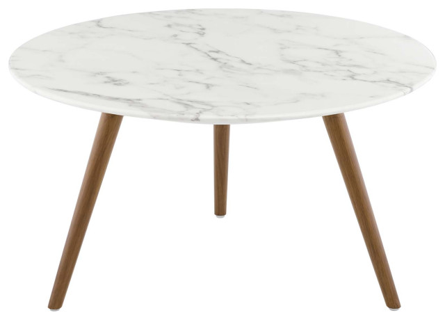 Walnut White Lippa 28" Round Artificial Marble Coffee Table with Tripod Base