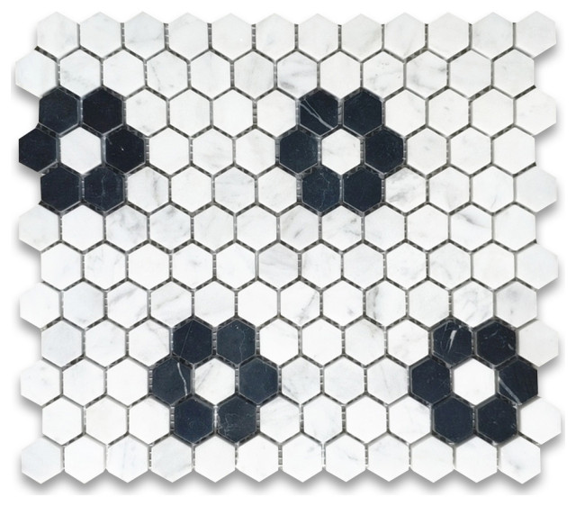 Carrara White 1 Hexagon With Black Marble Rosette Pattern Mosaic Tile Polished Contemporary Mosaic Tile By Stone Center Online Houzz