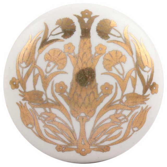 Set of Four Golden Flower Flat Ceramic Drawer Knobs