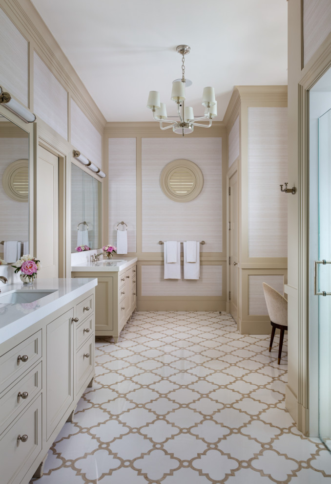 Example of a transitional master multicolored floor, double-sink, wall paneling and wallpaper alcove shower design in Miami with recessed-panel cabinets, beige cabinets, an undermount sink, quartz countertops, a hinged shower door, white countertops and a built-in vanity