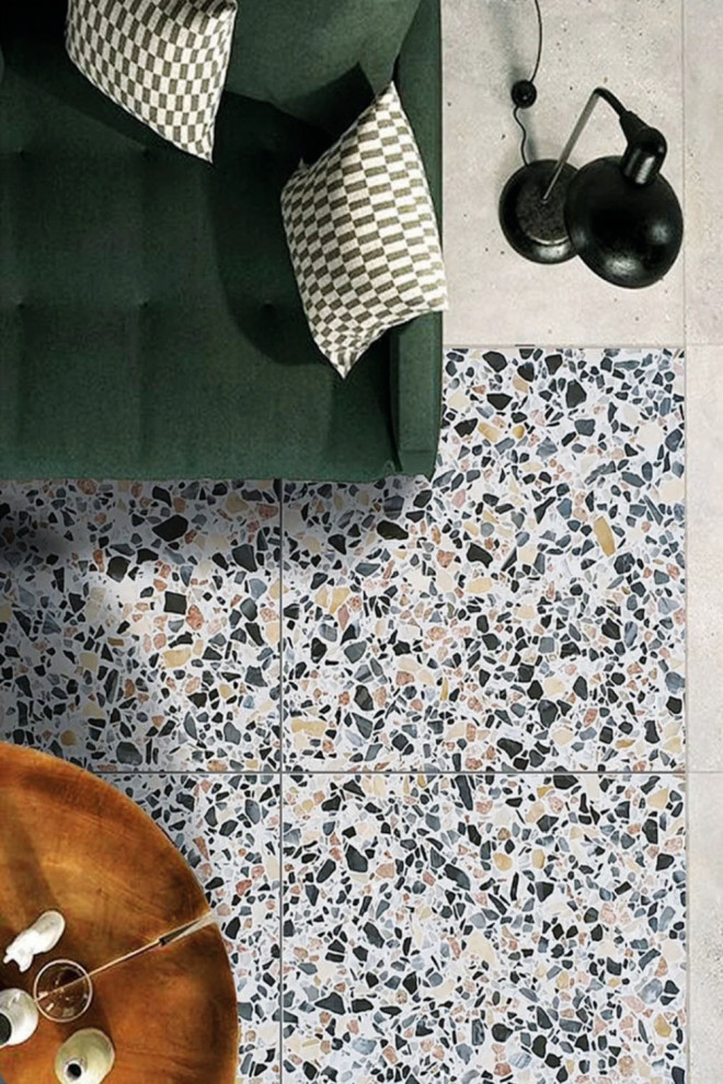 Inspiration for a mid-sized modern terrazzo floor and white floor hallway remodel in Los Angeles