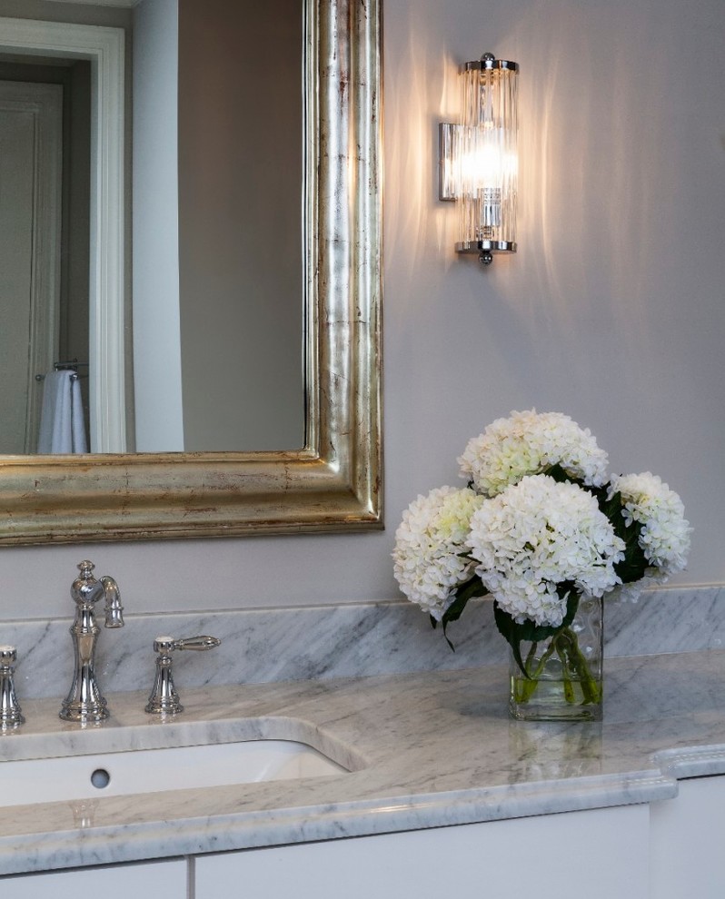 Design ideas for a large traditional master bathroom in Charlotte with grey walls.