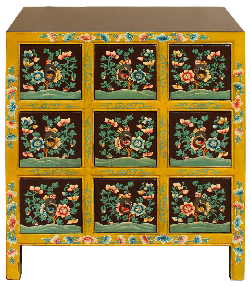 Oriental Distressed Yellow Brown Flower 9 Drawers End Table Nightstand