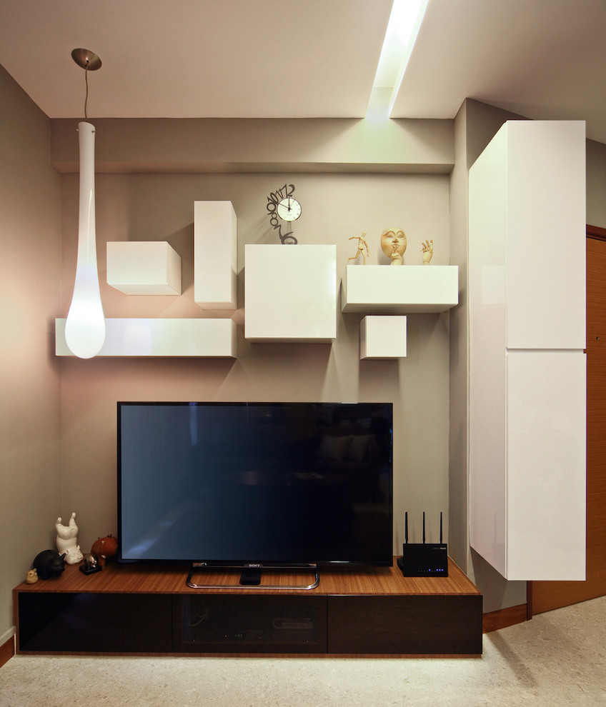 Design ideas for a mid-sized contemporary formal open concept living room in Singapore with multi-coloured walls, marble floors and a freestanding tv.