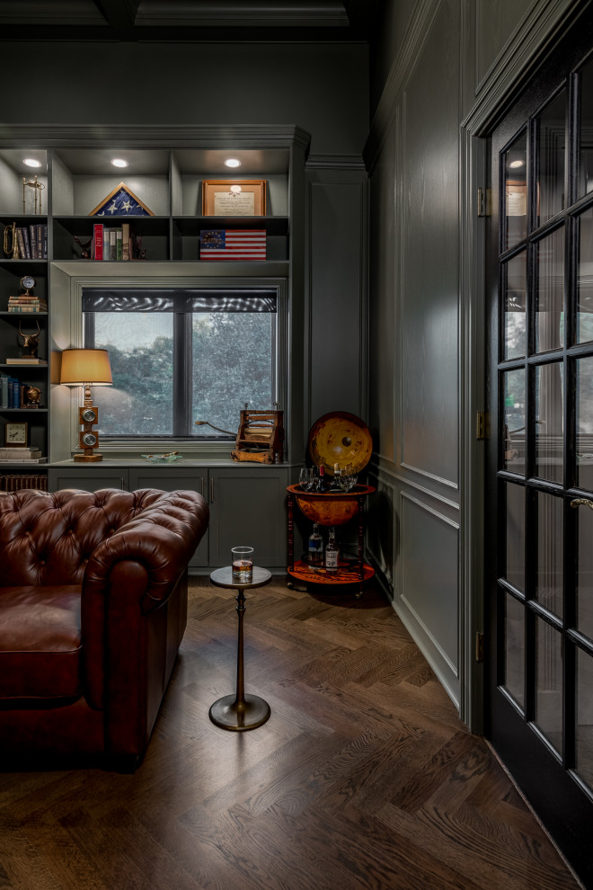 Inspiration for a large traditional seated home bar in New York with dark hardwood floors and brown floor.