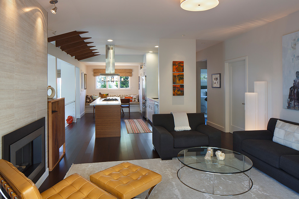 Inspiration for a contemporary open concept dark wood floor living room remodel in San Francisco with white walls