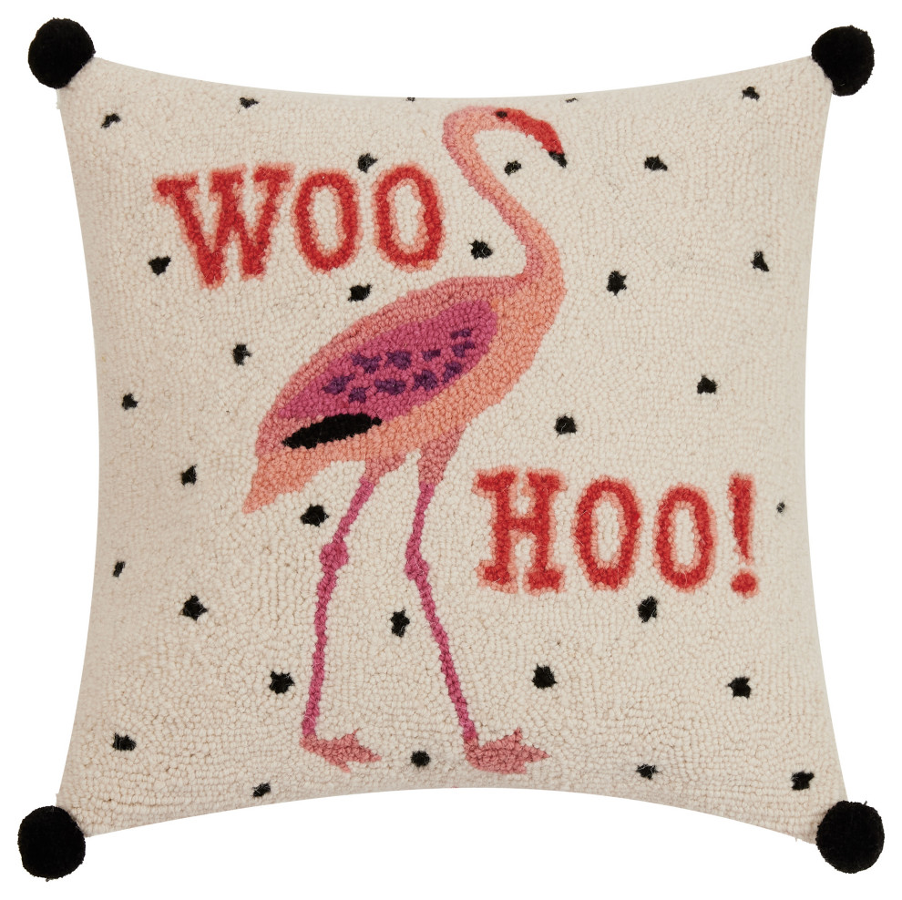Flamingo Woo Hoo W/ Pom Pom Hook Pillow Tropical Decorative Pillows