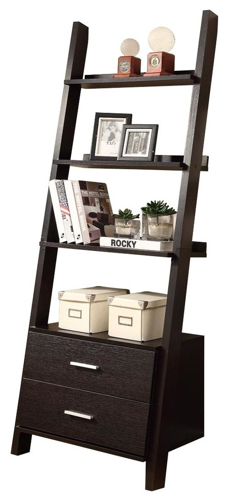 Bookcase - 69"H / Cappuccino Ladder W/ 2 Storage Drawers