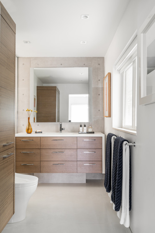 Modern bathroom vanity made with solid plywood Moisture-Resistant Bathroom Cabinets featuring sleek drawers and white countertop