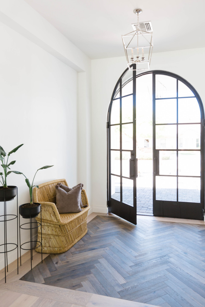 Inspiration for a transitional dark wood floor and brown floor double front door remodel in Phoenix with white walls and a glass front door