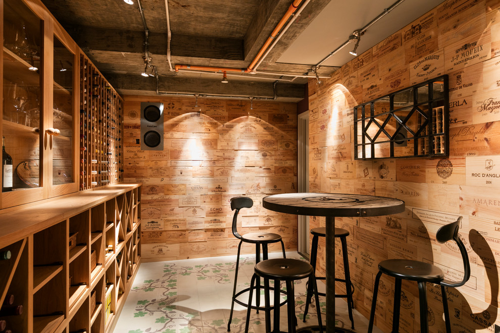 Inspiration for a midcentury wine cellar in London.
