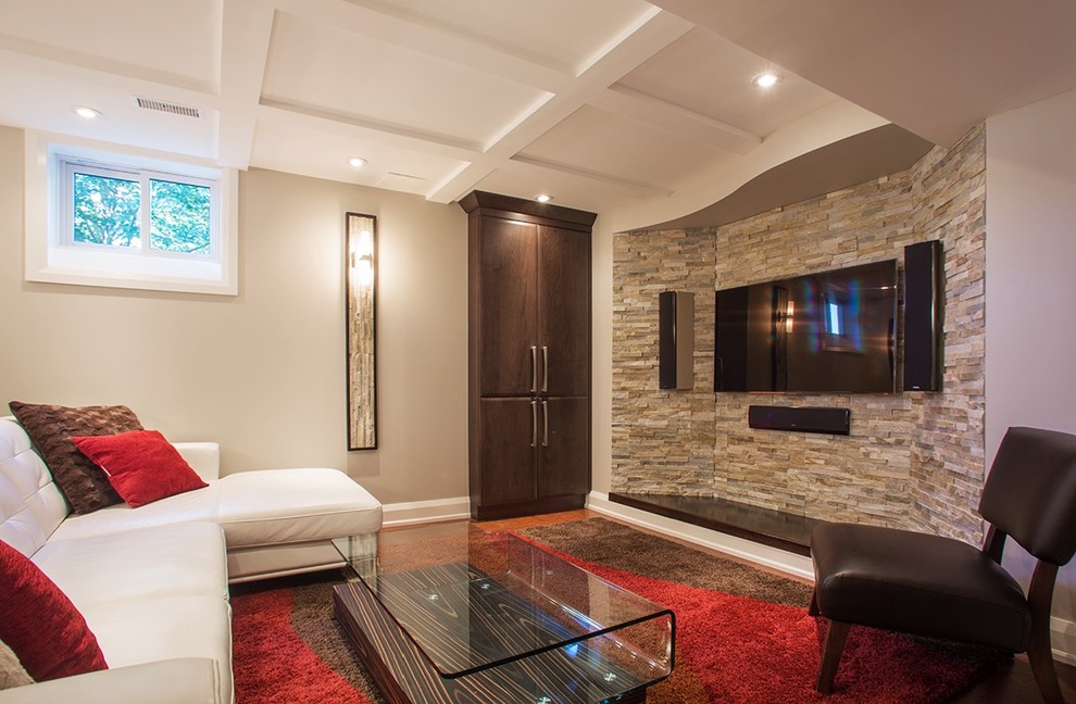 Inspiration for a mid-sized transitional look-out basement in Ottawa with grey walls, cork floors, no fireplace and multi-coloured floor.