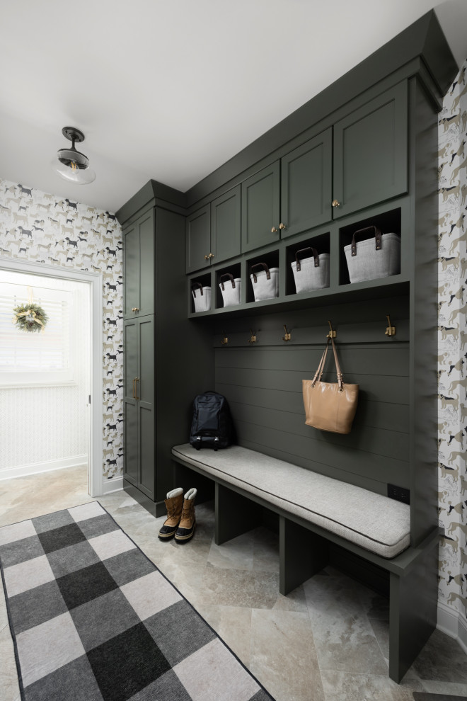 Large traditional mudroom in Chicago with porcelain floors, beige floor and wallpaper.