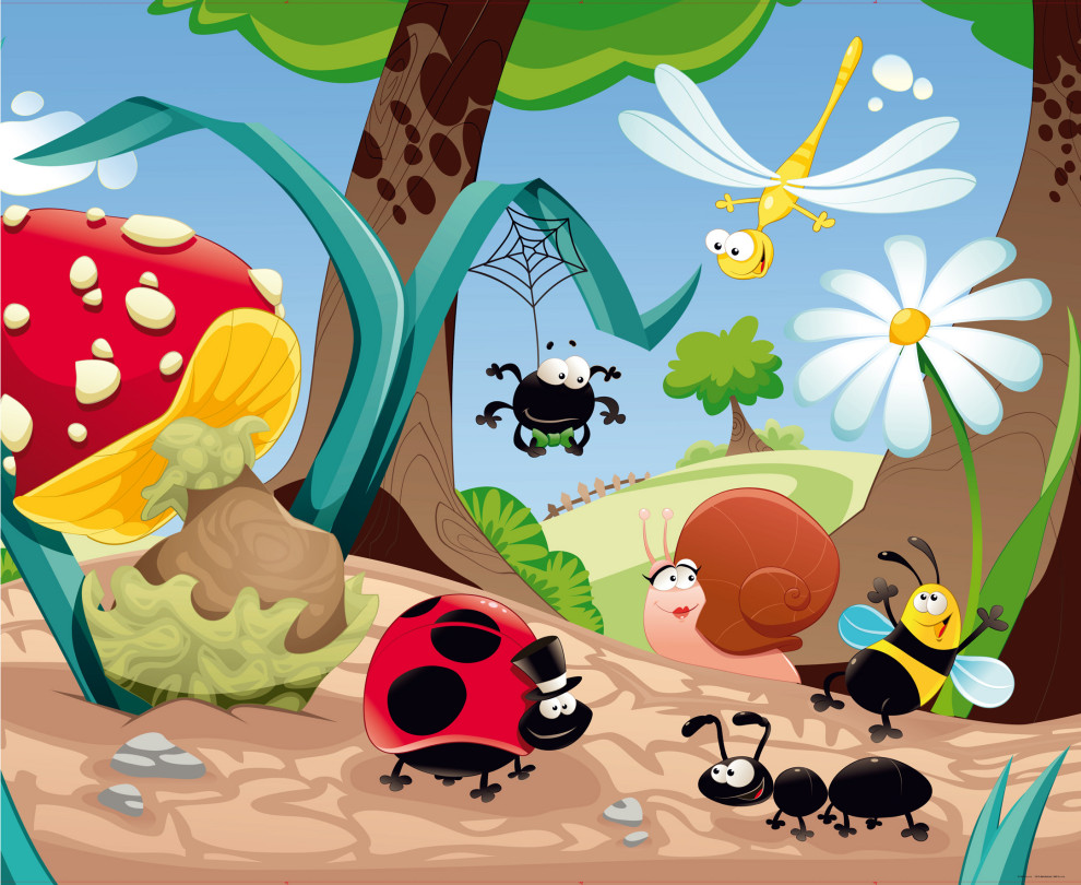 Cartoon Bee, Snail, Ladybug, Ant Multicolor Wall Mural 142"x106"